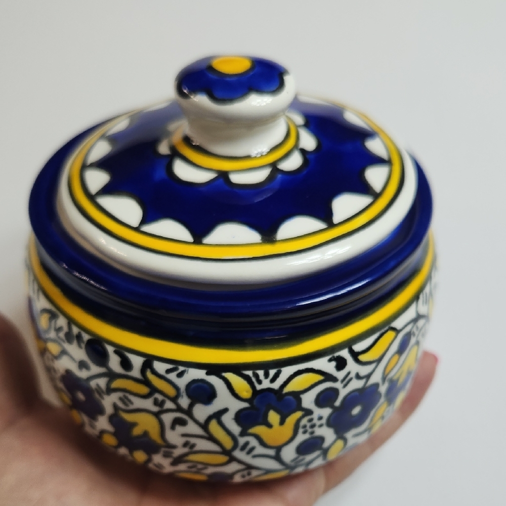 Artisan Ceramic Jar with Blue and Yellow Floral Motif Made In Jerusalem
